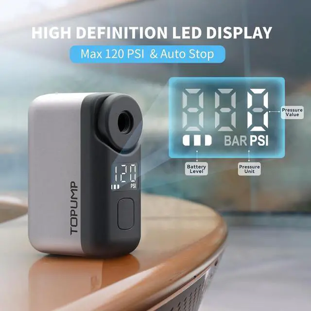 Alt view image 3 of 7 - Tiny Pump Mini Bike Tire with Gauge, 120PSI Portable Electric Bicycle Air Pump, Auto Stop, Type-C Rechargeable Battery Presta and Schrader Valve -