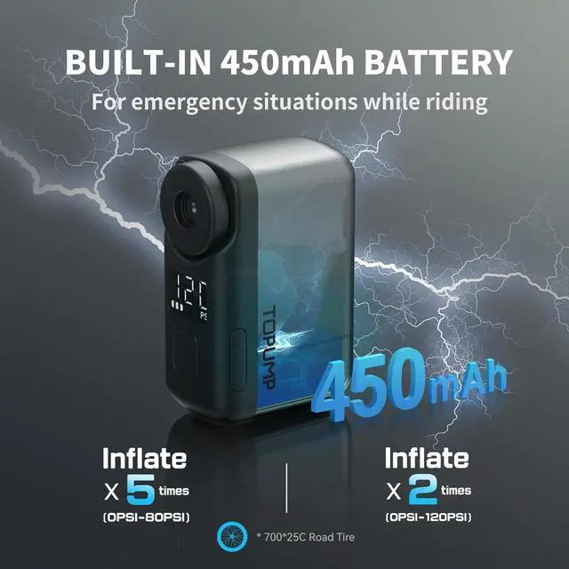 Alt view image 5 of 7 - Tiny Pump Mini Bike Tire with Gauge, 120PSI Portable Electric Bicycle Air Pump, Auto Stop, Type-C Rechargeable Battery Presta and Schrader Valve -