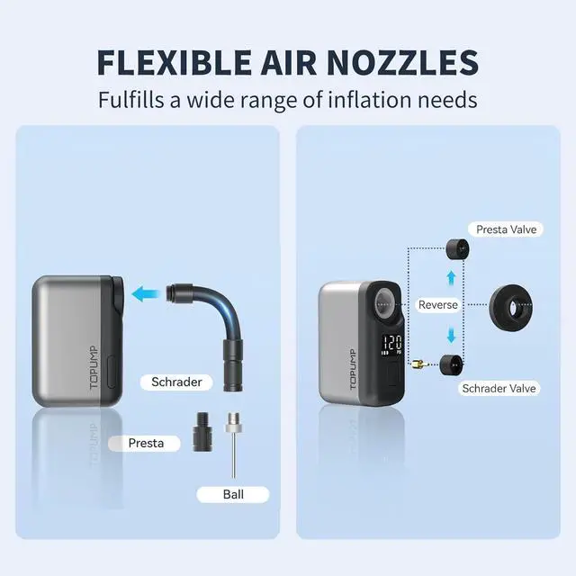 Alt view image 6 of 7 - Tiny Pump Mini Bike Tire with Gauge, 120PSI Portable Electric Bicycle Air Pump, Auto Stop, Type-C Rechargeable Battery Presta and Schrader Valve -