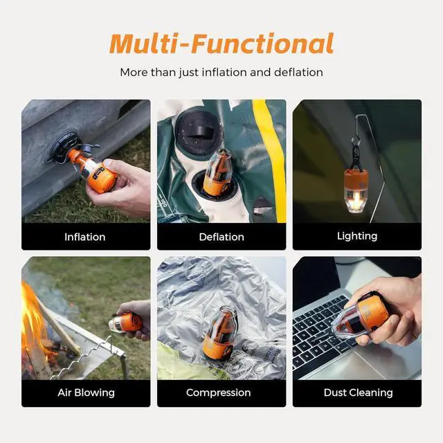 Alt view image 7 of 7 - Max Pump 3 Air for Inflatables, 5Kpa Portable Pump, 500L/min Mattress with Camping Light, Electric Inflatable Pillows Swim Rings Mattresses Bed Boats  Orange -