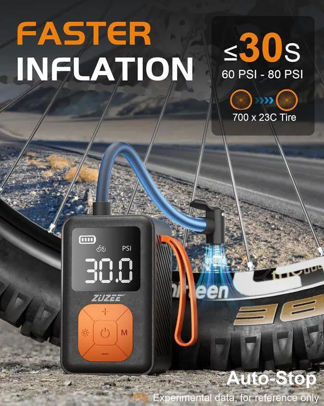 Alt view image 2 of 7 - Mini Bike Pump, 150 PSI Portable Bicycle Pump with Gauge, 3X Faster & Auto Stop Brushless Motor, Electric Tire Presta and Schrader Valve for Road Bike, MTB, Motorcycle, Ball,etc Black&Orange -