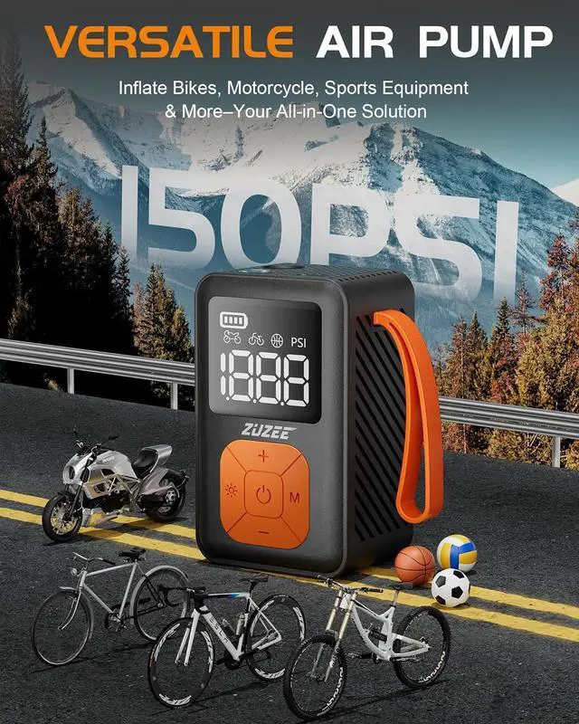 Alt view image 3 of 7 - Mini Bike Pump, 150 PSI Portable Bicycle Pump with Gauge, 3X Faster & Auto Stop Brushless Motor, Electric Tire Presta and Schrader Valve for Road Bike, MTB, Motorcycle, Ball,etc Black&Orange -