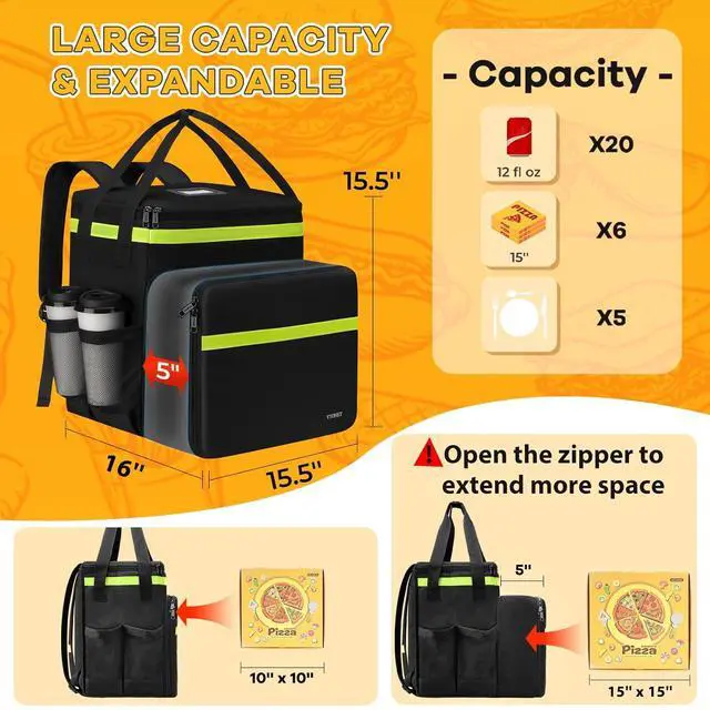 Alt view image 2 of 6 - Food Delivery Backpack with 7 Cup Holders, XX-Large Expandable Bag for Hot/Cold Reflective Strip, Insulated Pizza Bags Fits Bike, Uber-Eats, Grubhub, Doordash, Black
