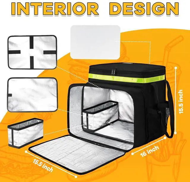 Alt view image 5 of 6 - Food Delivery Backpack with 7 Cup Holders, XX-Large Expandable Bag for Hot/Cold Reflective Strip, Insulated Pizza Bags Fits Bike, Uber-Eats, Grubhub, Doordash, Black