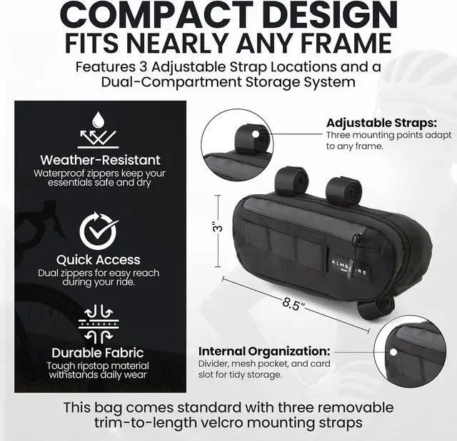 Alt view image 2 of 5 - Compact Bike Frame Bag  Midnight Black | Weather-Resistant, Waterproof Zippers & Dual-Sided Access for Road, MTB, and Ebike Frames