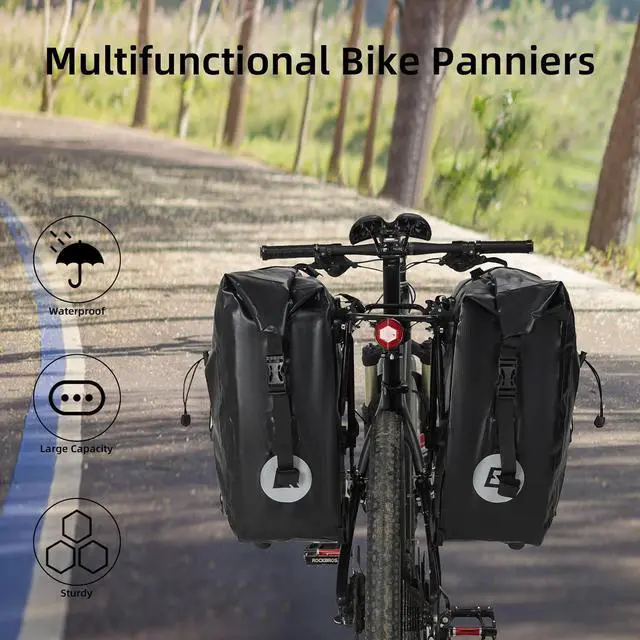 Alt view image 3 of 7 - Bike Panniers Waterproof Rear Rack Bag Max 30L Large Capacity for Cycling Traveling Commuting  Black*2