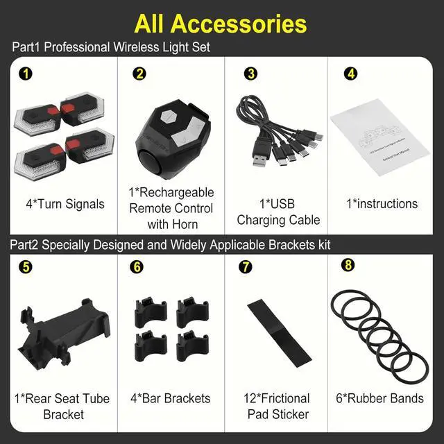 Alt view image 5 of 7 - 4 Pcs Bike Turn Signals Front and Rear, USB Rechargeable Bicycle with Horn, Wireless Waterproof Rear Light 120 DB Horn for Road Bicycle, Ebike, Scooter Black -