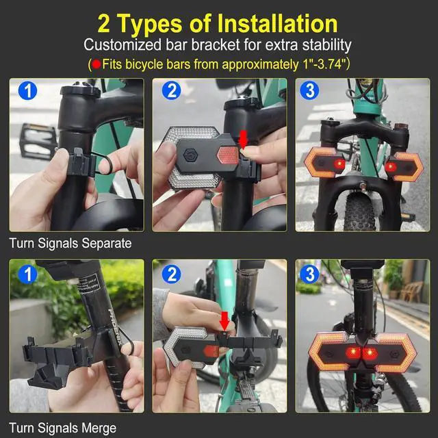 Alt view image 7 of 7 - 4 Pcs Bike Turn Signals Front and Rear, USB Rechargeable Bicycle with Horn, Wireless Waterproof Rear Light 120 DB Horn for Road Bicycle, Ebike, Scooter Black -