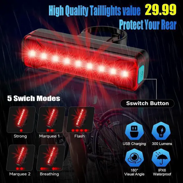 Alt view image 4 of 7 - 2025 New Super Bright Bike Lights for Night Riding,High Lumen 6 LED Aluminum 360°Rotatable Headlight,10 Modes Bicycle Light Taillight,Runtime 48+ hrs,Waterproof Safety USB Rechargeable blue -