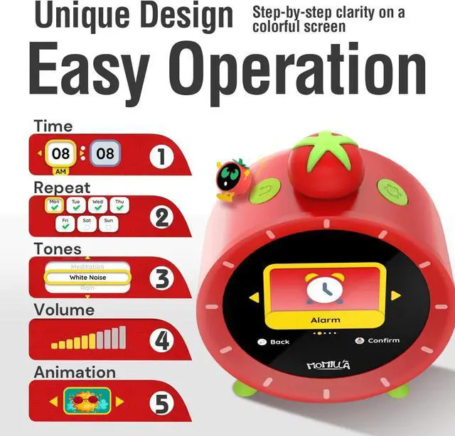 Alt view image 3 of 7 - Alarm Clock with Colorful LCD Display, 4 Loud Clocks for Heavy Sleepers, Visual Timer White Noise, Cute Small Beside Digital Clock, Gifts Kids Girls Adults, Bedrooms Kitchen Red -