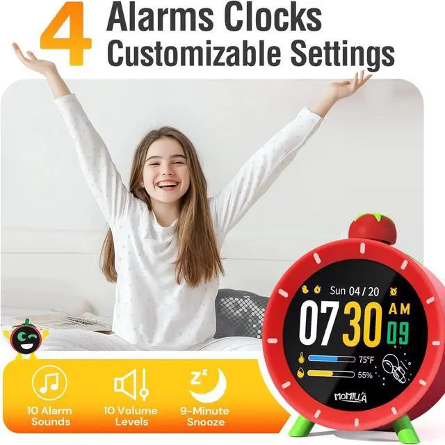 Alt view image 4 of 7 - Alarm Clock with Colorful LCD Display, 4 Loud Clocks for Heavy Sleepers, Visual Timer White Noise, Cute Small Beside Digital Clock, Gifts Kids Girls Adults, Bedrooms Kitchen Red -