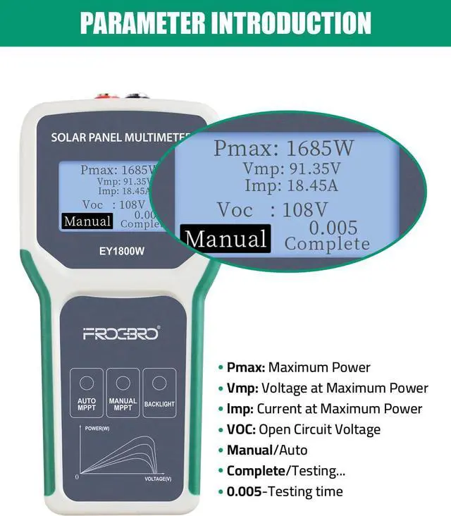 Alt view image 7 of 7 - 1800W Solar Panel Tester Photovoltaic Multimeter, Troubleshooting Tool with Sm MPPT Display, Upgraded Measu Range (5~1800W, 20~120V, 0~60A) for Solar PV Panel Testing and Data Analysis