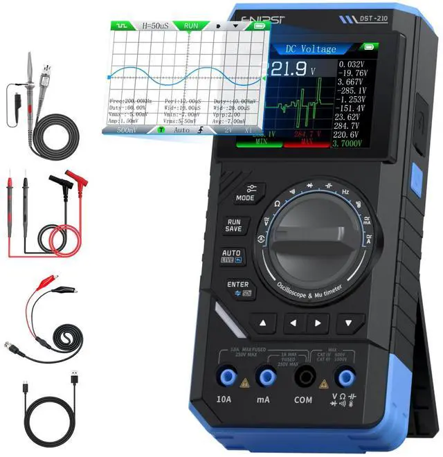 Main image of DST-210 Handheld Oscilloscope 10MHz Bandwidth, 19999 Counts, Digital Oscilloscope Multimeter DDS Generator 3IN1, 48MS/s Sampling Rate, AC/DC Voltage Current, Capacitor, Resistor, Diode Test
