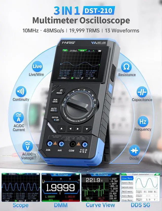 Alt view image 2 of 7 - DST-210 Handheld Oscilloscope 10MHz Bandwidth, 19999 Counts, Digital Oscilloscope Multimeter DDS Generator 3IN1, 48MS/s Sampling Rate, AC/DC Voltage Current, Capacitor, Resistor, Diode Test