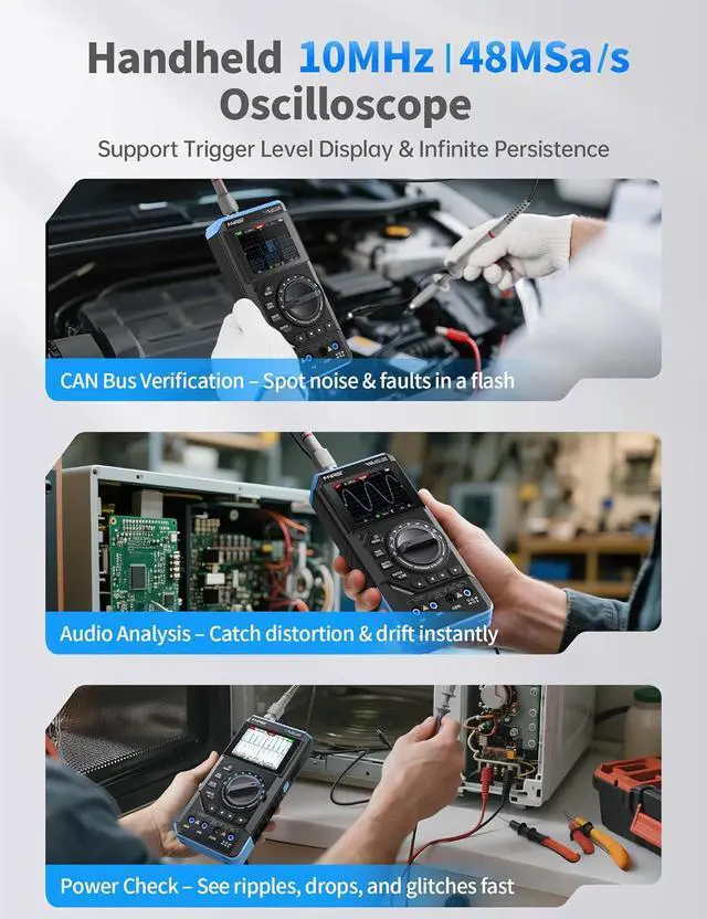Alt view image 3 of 7 - DST-210 Handheld Oscilloscope 10MHz Bandwidth, 19999 Counts, Digital Oscilloscope Multimeter DDS Generator 3IN1, 48MS/s Sampling Rate, AC/DC Voltage Current, Capacitor, Resistor, Diode Test