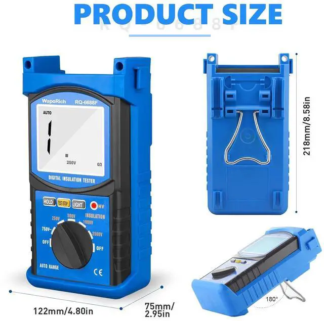 Alt view image 3 of 7 - Digital Insulation Resistance Tester, RQ-6688F Voltage Tester 250/500/ 1000/ 2500V, Auto Range Megohmmeter 1M~20G, Resistance Tester with 1999 Count LCD Display, Data Hold, Back-Light Battery
