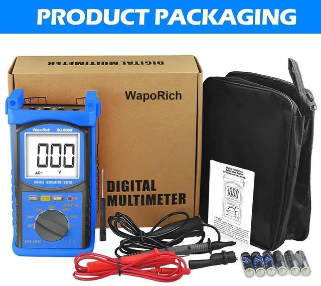 Alt view image 7 of 7 - Digital Insulation Resistance Tester, RQ-6688F Voltage Tester 250/500/ 1000/ 2500V, Auto Range Megohmmeter 1M~20G, Resistance Tester with 1999 Count LCD Display, Data Hold, Back-Light Battery