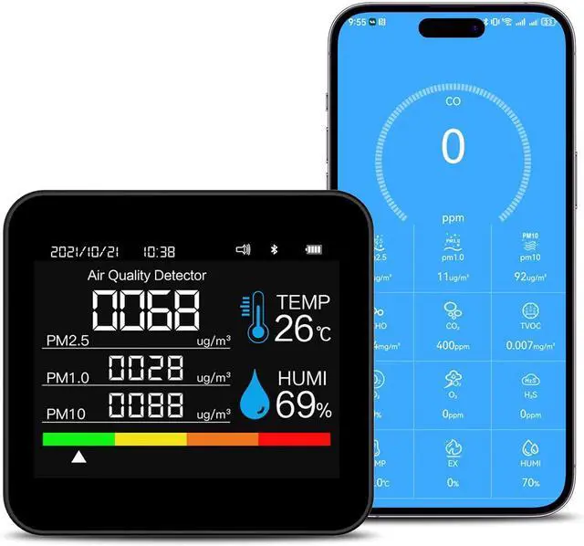Main image of 9-in-1 Indoor Air Quality Monitor: Detects PM2.5, PM1.0, PM10, CO2, CO, TVOC, HCHO, Temperature & Humidity for Home, Office, School Hotel -