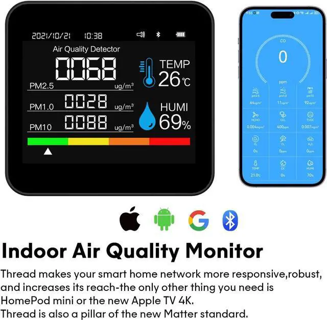 Alt view image 2 of 7 - 9-in-1 Indoor Air Quality Monitor: Detects PM2.5, PM1.0, PM10, CO2, CO, TVOC, HCHO, Temperature & Humidity for Home, Office, School Hotel -