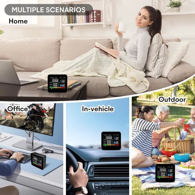 Alt view image 6 of 7 - 9-in-1 Indoor Air Quality Monitor: Detects PM2.5, PM1.0, PM10, CO2, CO, TVOC, HCHO, Temperature & Humidity for Home, Office, School Hotel -