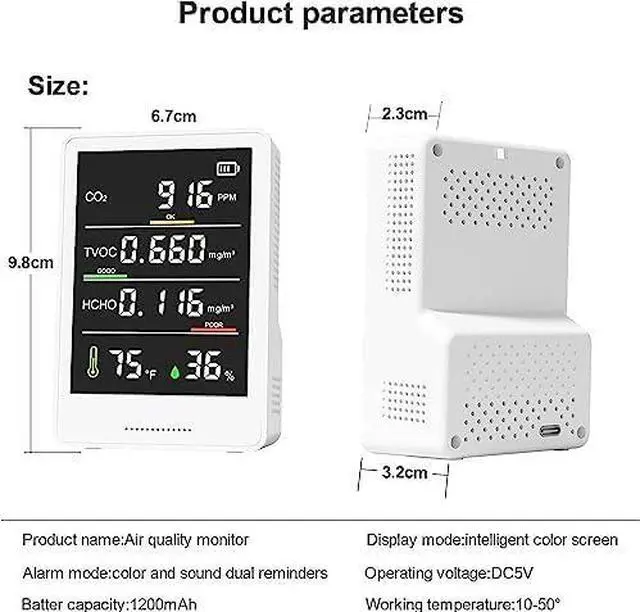Alt view image 3 of 7 - 5-in-1 Professional Indoor Air Quality Monitor Portable CO2 | Temperature Formaldehyde Detector Humidity TVOC Tester - Confined Space Clean  White
