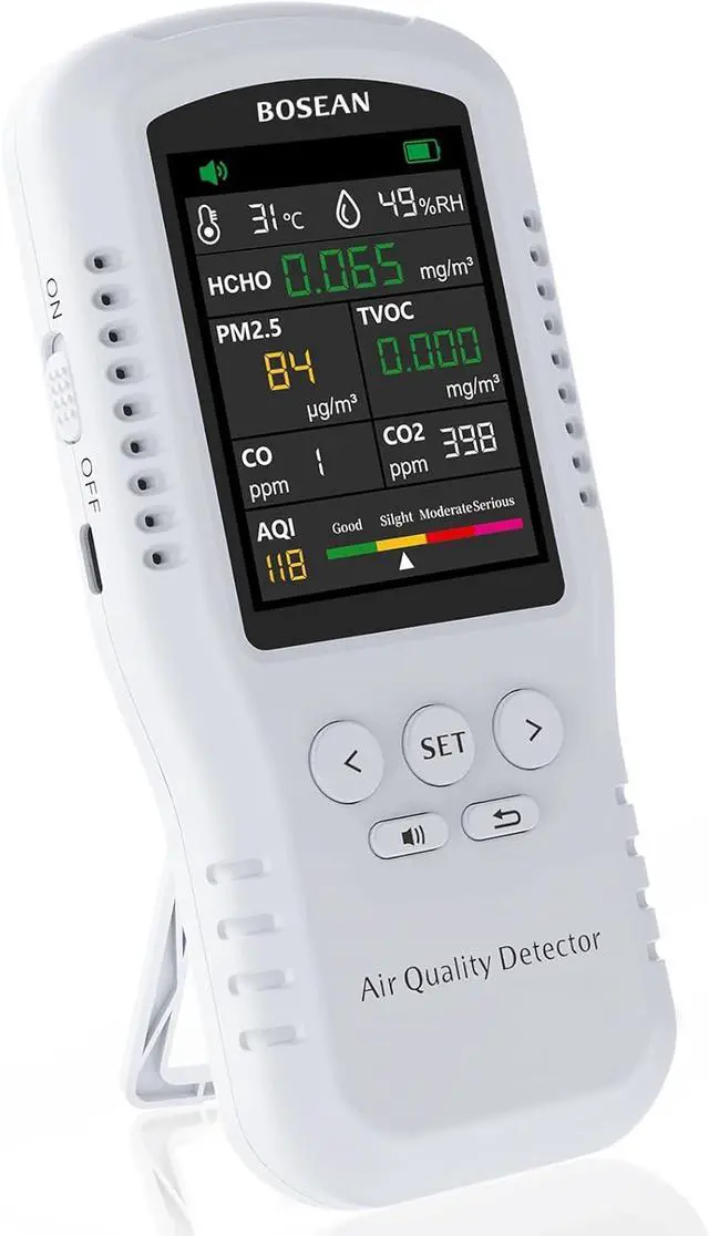 Main image of 8-in-1 Indoor Air Quality Monitor, Formaldehyde Detector, Temperature & Humidity Meter, Sensor, Tester Detect PM2.5, CO, CO2, HCHO,TVOC,AQI Micron Dust, Home Test Kits White -