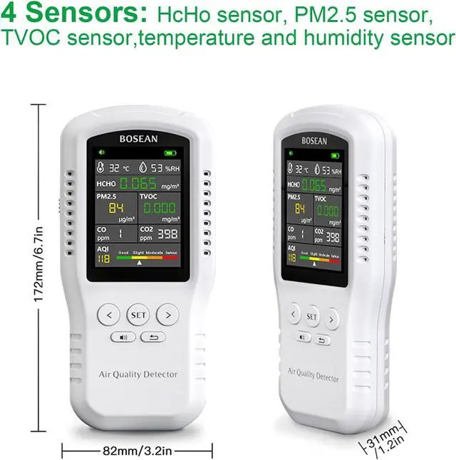 Alt view image 4 of 7 - 8-in-1 Indoor Air Quality Monitor, Formaldehyde Detector, Temperature & Humidity Meter, Sensor, Tester Detect PM2.5, CO, CO2, HCHO,TVOC,AQI Micron Dust, Home Test Kits White -