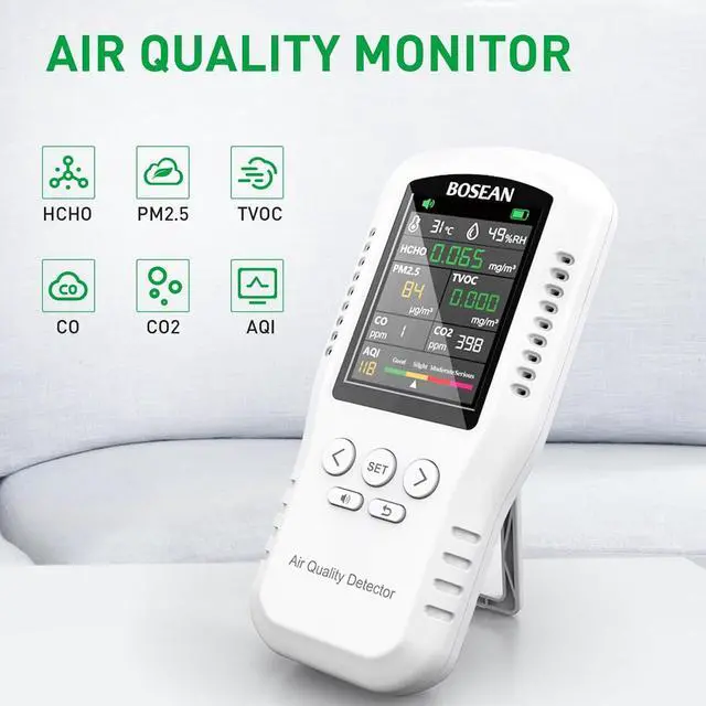 Alt view image 5 of 7 - 8-in-1 Indoor Air Quality Monitor, Formaldehyde Detector, Temperature & Humidity Meter, Sensor, Tester Detect PM2.5, CO, CO2, HCHO,TVOC,AQI Micron Dust, Home Test Kits White -