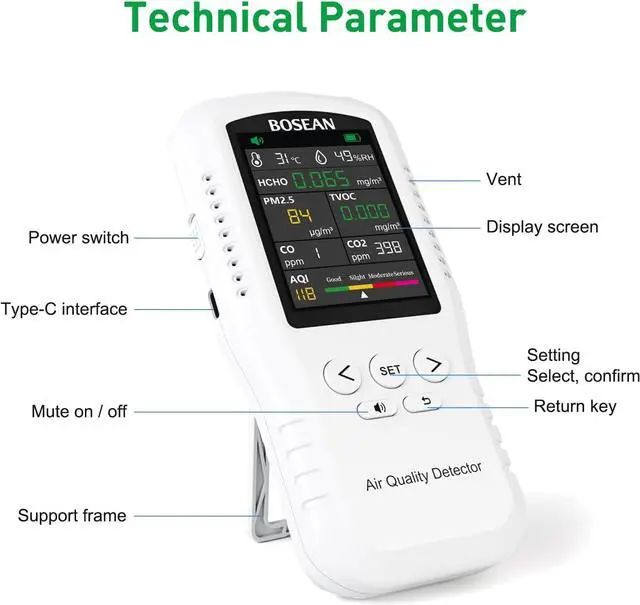 Alt view image 6 of 7 - 8-in-1 Indoor Air Quality Monitor, Formaldehyde Detector, Temperature & Humidity Meter, Sensor, Tester Detect PM2.5, CO, CO2, HCHO,TVOC,AQI Micron Dust, Home Test Kits White -