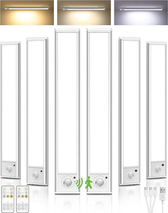 Main image of Under Cabinet Lighting,LED Rechargeable Motion Sensor Light Indoor Battery Operated,3 Color Temps&Dimmable Closet Lights with Remote,Wireless Counter for Kitchen Stairs (6 Pack)  12inch 6Pack