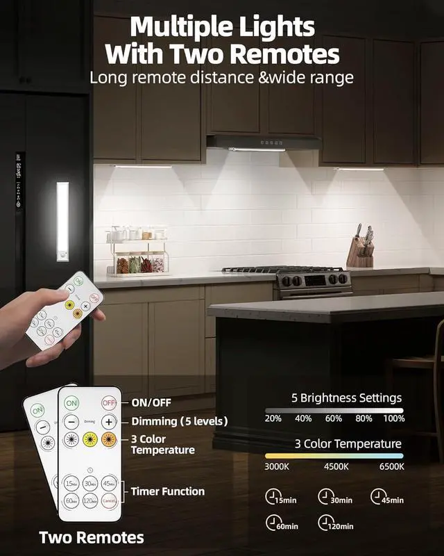 Alt view image 3 of 7 - Under Cabinet Lighting,LED Rechargeable Motion Sensor Light Indoor Battery Operated,3 Color Temps&Dimmable Closet Lights with Remote,Wireless Counter for Kitchen Stairs (6 Pack)  12inch 6Pack