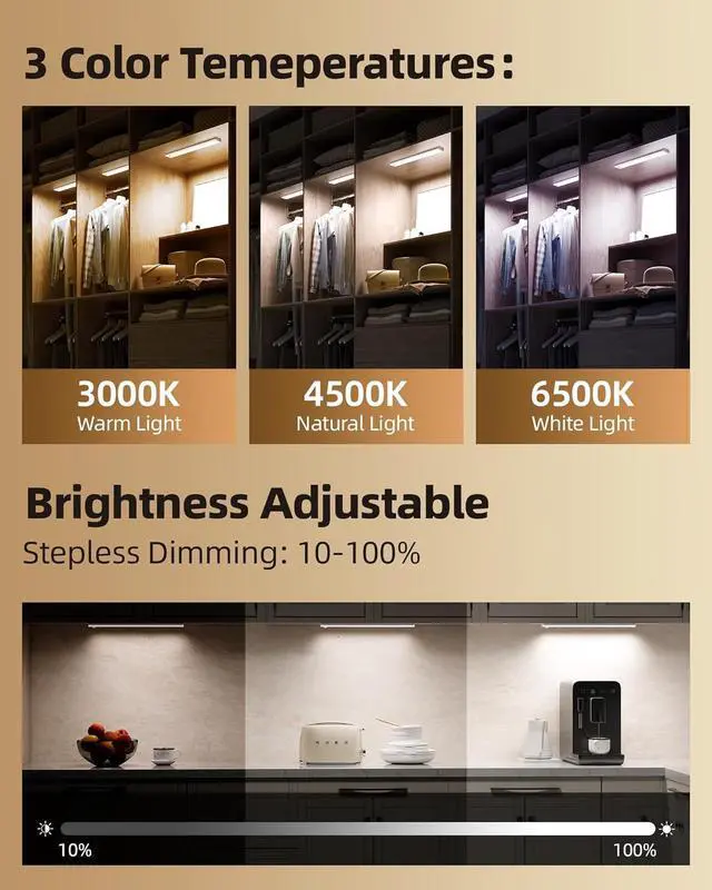 Alt view image 4 of 7 - Under Cabinet Lighting,LED Rechargeable Motion Sensor Light Indoor Battery Operated,3 Color Temps&Dimmable Closet Lights with Remote,Wireless Counter for Kitchen Stairs (6 Pack)  12inch 6Pack