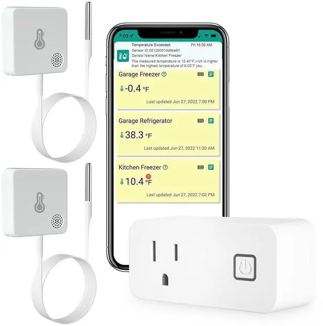 Main image of WiFi Freezer Thermometer Alarm, Email Alert, App Notification, 2-Years Data Export, No Subscription Fee, 2 Remote Temperature Sensors for Refrigerator, Freezer, Hot Tub White -