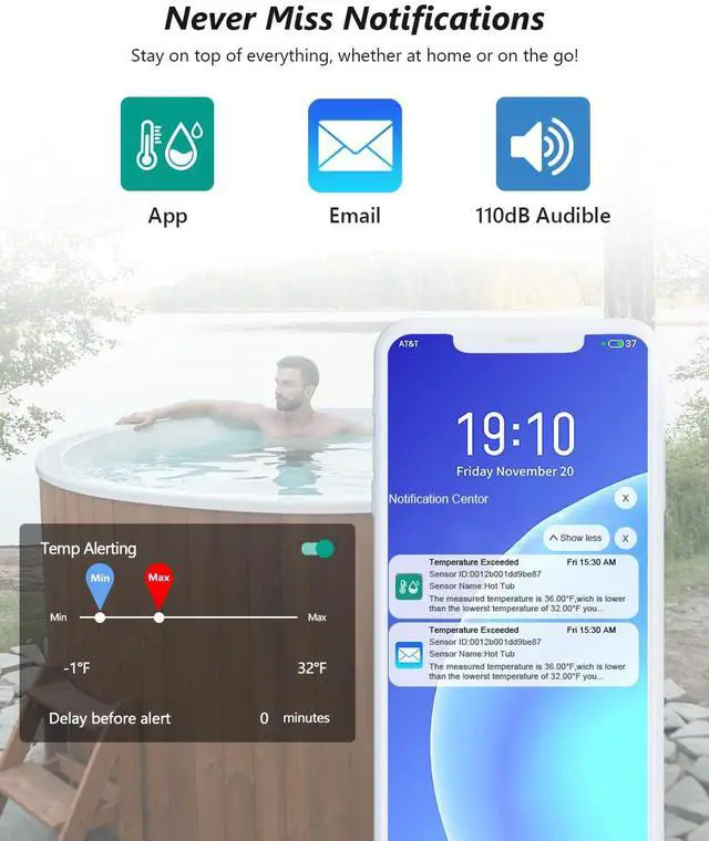 Alt view image 2 of 7 - WiFi Freezer Thermometer Alarm, Email Alert, App Notification, 2-Years Data Export, No Subscription Fee, 2 Remote Temperature Sensors for Refrigerator, Freezer, Hot Tub White -