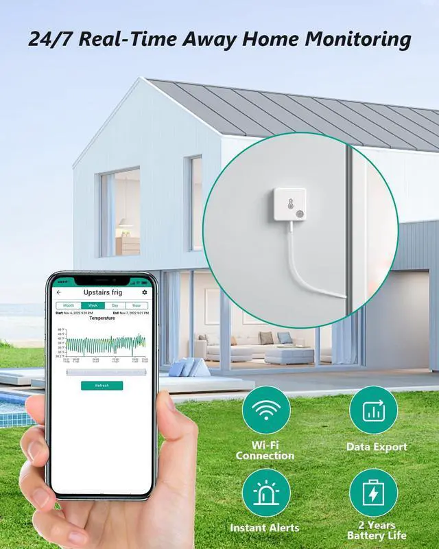 Alt view image 7 of 7 - WiFi Freezer Thermometer Alarm, Email Alert, App Notification, 2-Years Data Export, No Subscription Fee, 2 Remote Temperature Sensors for Refrigerator, Freezer, Hot Tub White -