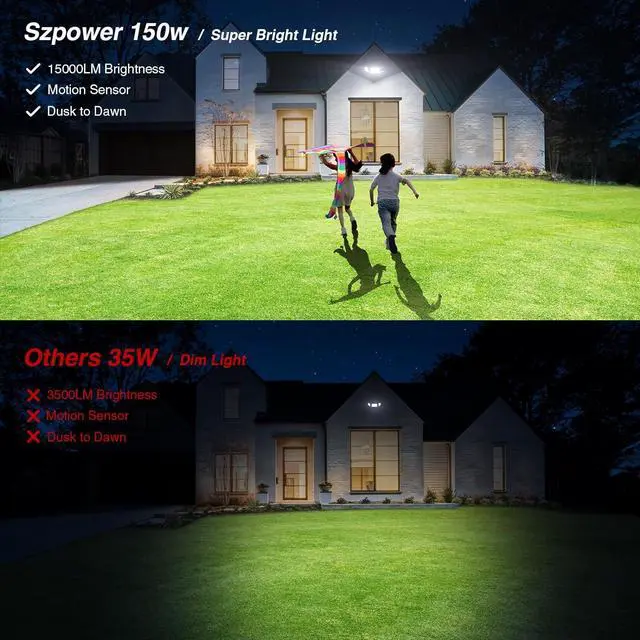 Alt view image 3 of 7 - 150W Motion Sensor Lights Outdoor for Outside, 15000LM LED Flood Lights Outdoor Wired Dusk to Dawn, Exterior Security Floodlight Fixture Waterproof IP65, Outdoor Lighting for House, Garage