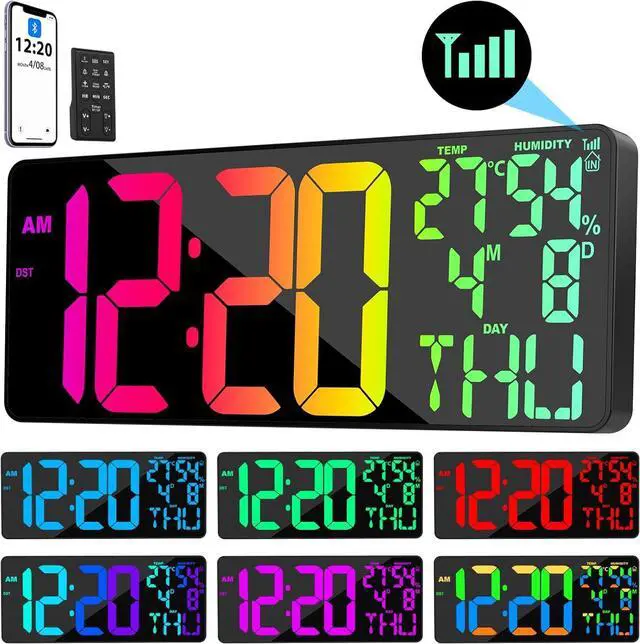 Main image of 11 RGB Color Changes Large Digital Wall Clock/Bluetooth Auto Time Sync, Remote-Controlled Clock Display with Alarm/Timer Function, DST, Indoor Temperature/Humidity (18 inch) Rgb Change -