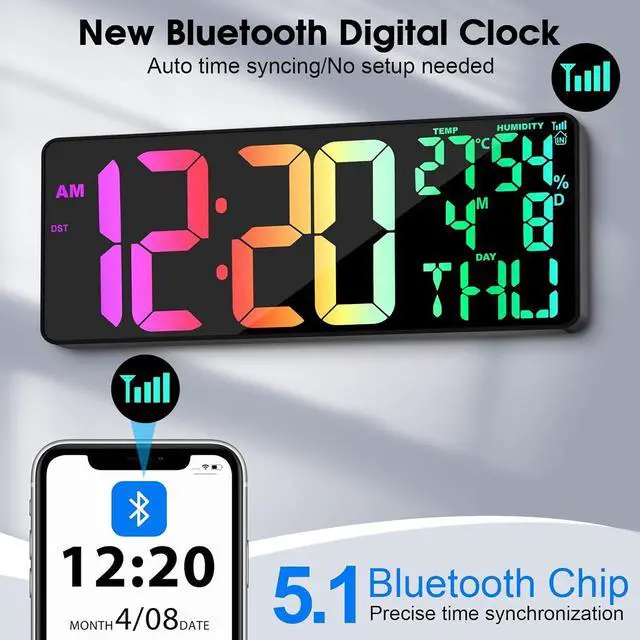 Alt view image 2 of 7 - 11 RGB Color Changes Large Digital Wall Clock/Bluetooth Auto Time Sync, Remote-Controlled Clock Display with Alarm/Timer Function, DST, Indoor Temperature/Humidity (18 inch) Rgb Change -