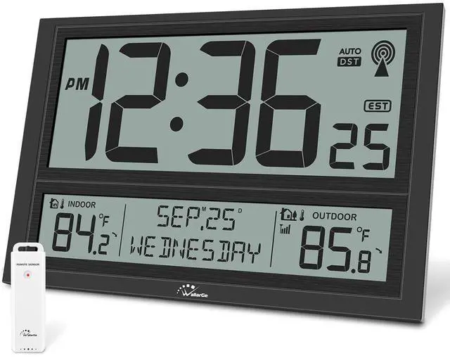 Main image of Extra Large Atomic Clock with Indoor Outdoor Temperature, Ultra Clear 4.5'' Numbers Display Auto DST, 4 Time Zones, Date and Day Display, Battery Operated Black -