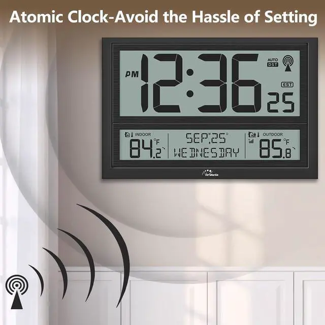 Alt view image 2 of 7 - Extra Large Atomic Clock with Indoor Outdoor Temperature, Ultra Clear 4.5'' Numbers Display Auto DST, 4 Time Zones, Date and Day Display, Battery Operated Black -