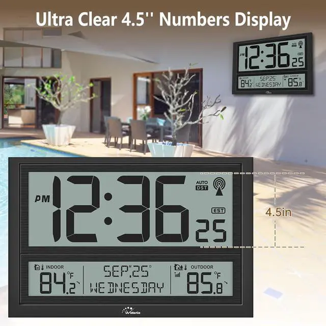 Alt view image 3 of 7 - Extra Large Atomic Clock with Indoor Outdoor Temperature, Ultra Clear 4.5'' Numbers Display Auto DST, 4 Time Zones, Date and Day Display, Battery Operated Black -