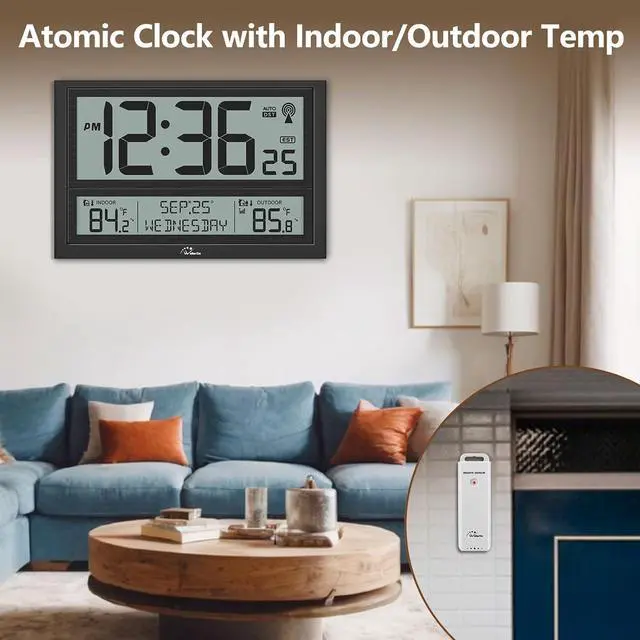Alt view image 4 of 7 - Extra Large Atomic Clock with Indoor Outdoor Temperature, Ultra Clear 4.5'' Numbers Display Auto DST, 4 Time Zones, Date and Day Display, Battery Operated Black -