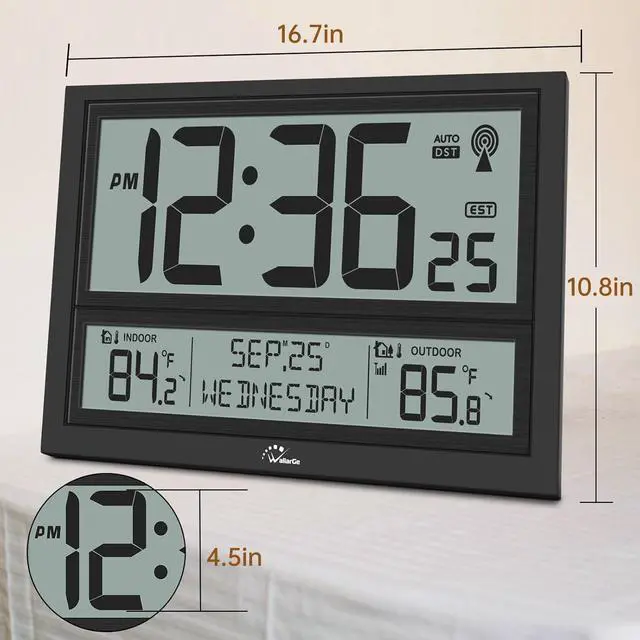 Alt view image 6 of 7 - Extra Large Atomic Clock with Indoor Outdoor Temperature, Ultra Clear 4.5'' Numbers Display Auto DST, 4 Time Zones, Date and Day Display, Battery Operated Black -