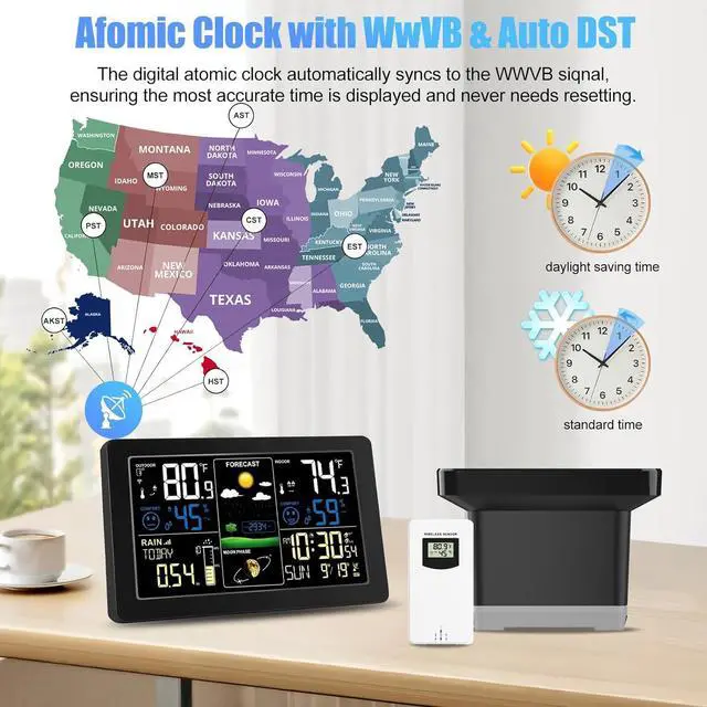 Alt view image 5 of 7 - Digital Rain Gauge and Weather Station, Wireless Outdoor, Home Stations Indoor Outdoor with Thermometer, Barometer, Hygrometer, Atomic Clock, Forecast Alerts  Station -