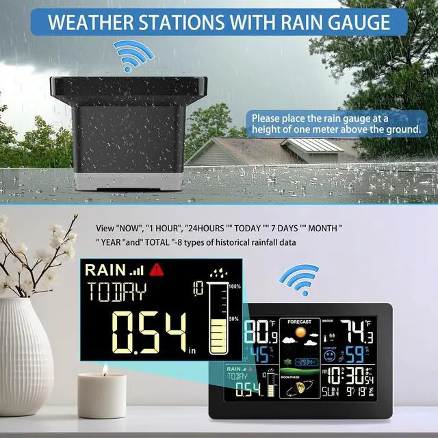 Alt view image 7 of 7 - Digital Rain Gauge and Weather Station, Wireless Outdoor, Home Stations Indoor Outdoor with Thermometer, Barometer, Hygrometer, Atomic Clock, Forecast Alerts  Station -