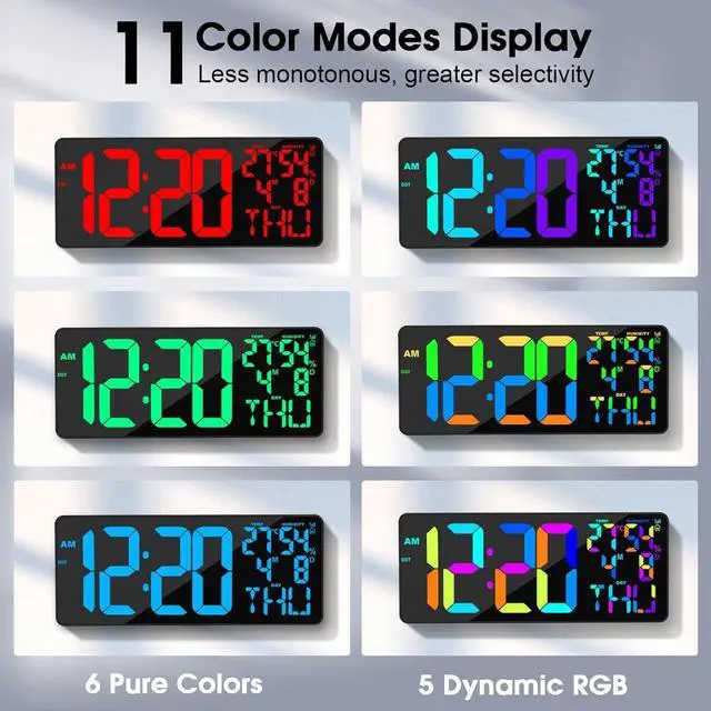 Alt view image 3 of 7 - 11 RGB Color Changes Large Digital Wall Clock/Bluetooth Auto Time Sync, Remote-Controlled Clock Display with Alarm/Timer Function, DST, Indoor Temperature/Humidity (18 inch) Rgb Change -