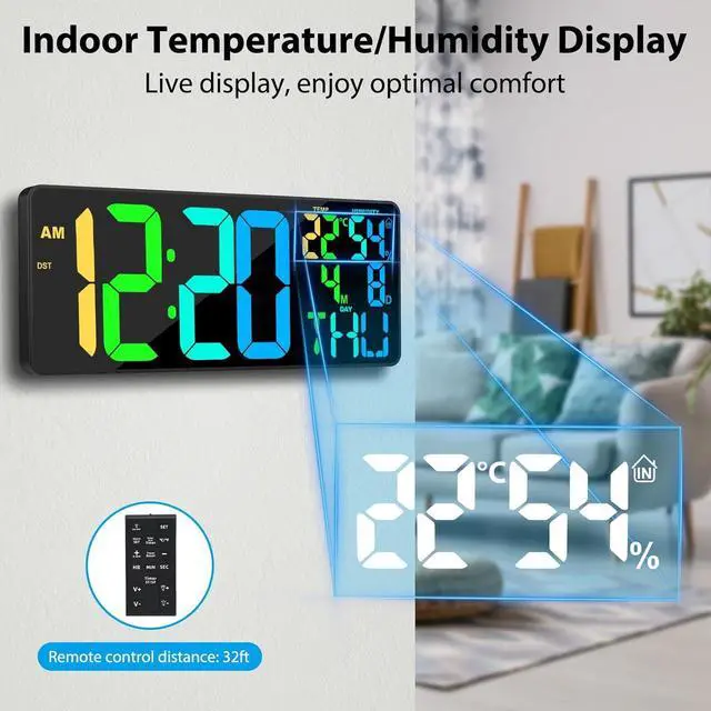 Alt view image 4 of 7 - 11 RGB Color Changes Large Digital Wall Clock/Bluetooth Auto Time Sync, Remote-Controlled Clock Display with Alarm/Timer Function, DST, Indoor Temperature/Humidity (18 inch) Rgb Change -