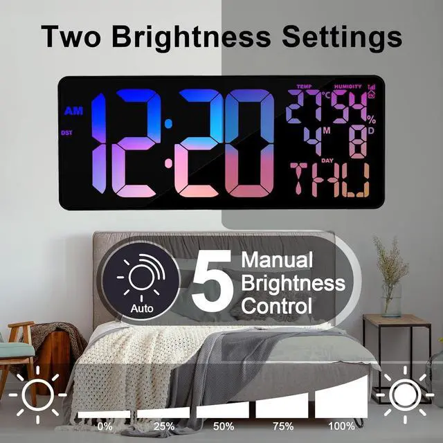 Alt view image 5 of 7 - 11 RGB Color Changes Large Digital Wall Clock/Bluetooth Auto Time Sync, Remote-Controlled Clock Display with Alarm/Timer Function, DST, Indoor Temperature/Humidity (18 inch) Rgb Change -