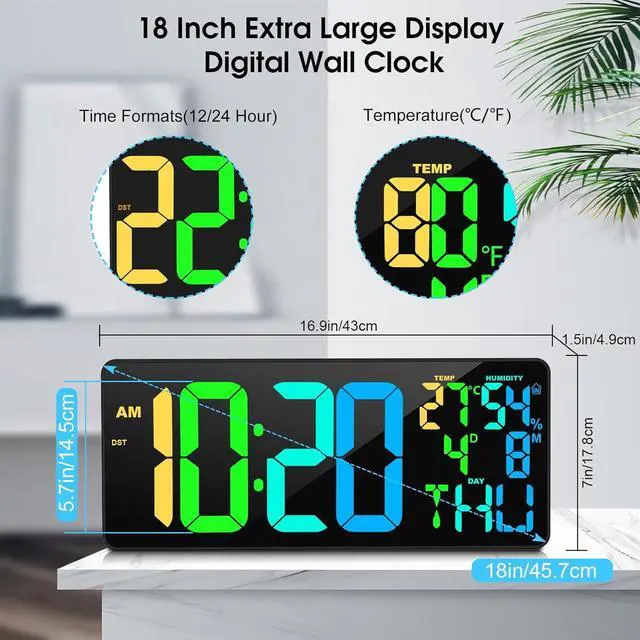 Alt view image 6 of 7 - 11 RGB Color Changes Large Digital Wall Clock/Bluetooth Auto Time Sync, Remote-Controlled Clock Display with Alarm/Timer Function, DST, Indoor Temperature/Humidity (18 inch) Rgb Change -