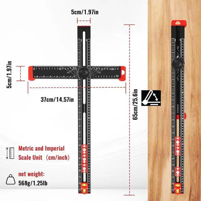 Alt view image 3 of 6 - 4 in 1 Drilling Positioning Ruler, 23.5in/59.7cm Adjustable T-Square, Multi Angle Measuring Cabinet Hardware Jig, Drawer Door Hole Template (Black)  Black -